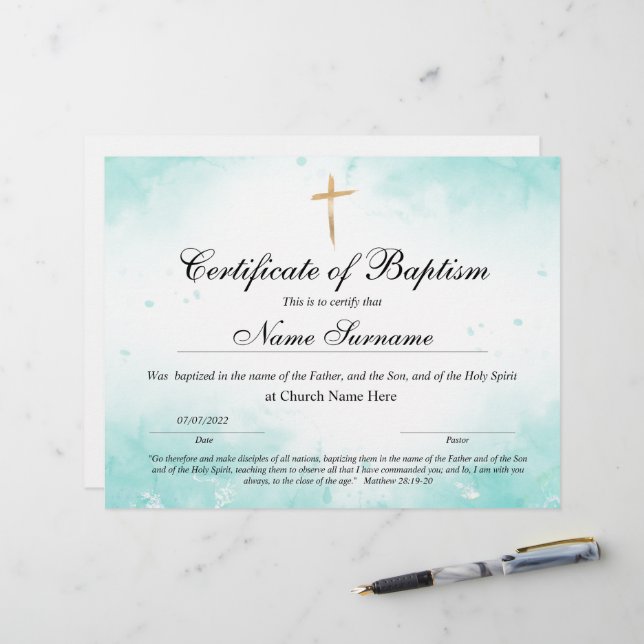 Certificado de Batismo, Dedicação de Bebês (Frente/Verso In Situ)