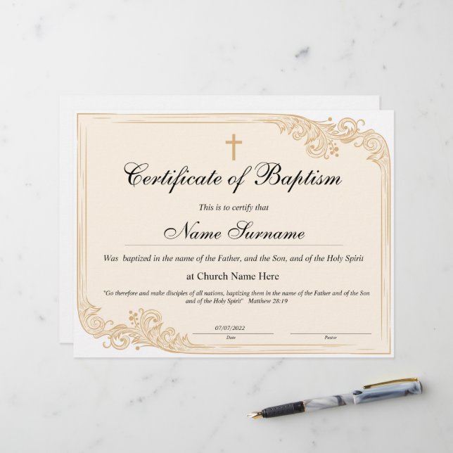 Certificado de Batismo, Dedicação de Bebês (Frente/Verso In Situ)