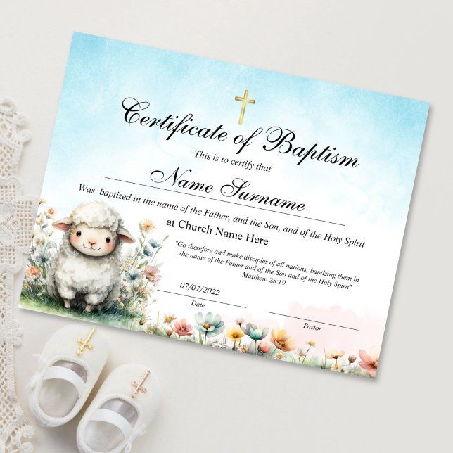 Certificado de Batismo do Cordeiro, Dedicação do B (certificate of baptism with cute lamb illustration)