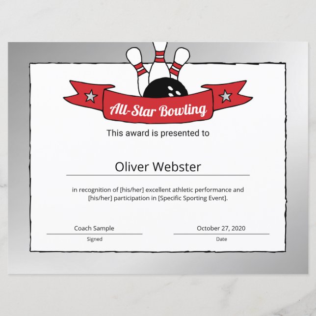 Certificado de Boliche de jogador de Boliche All-S (Frente)