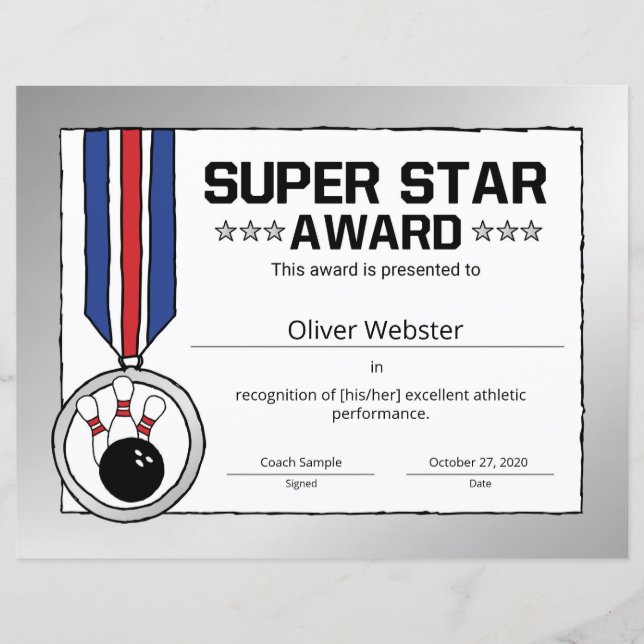 Certificado de Bolsa de Prêmio do Super Star Bolic (Frente)
