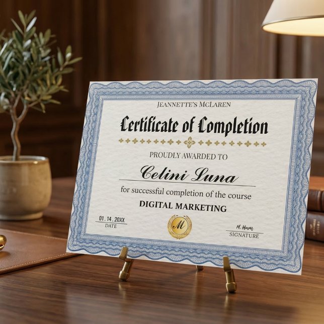 Certificado de Conclusão Azul e Dourado Moderno e  (Celebrate Achievements with Personalized Trophies  )