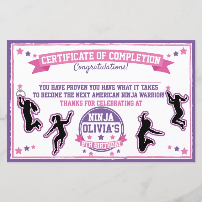Certificado de conclusão da Ninja Warrior Girl Par (Frente)