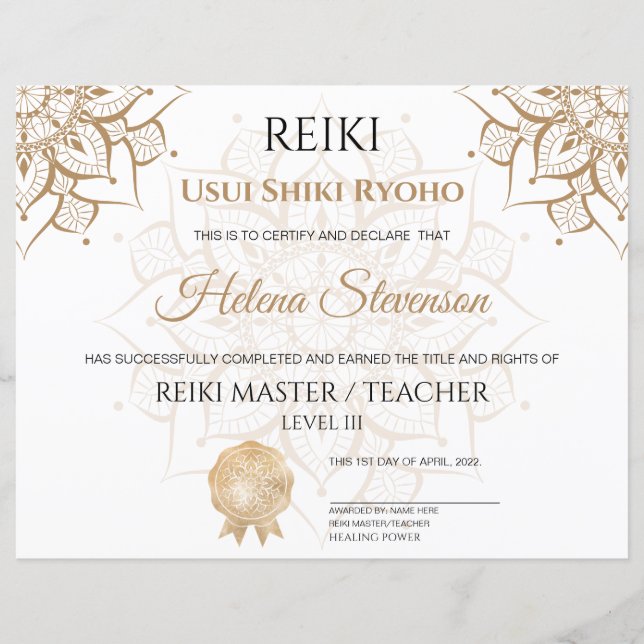 Certificado de conclusão de Yoga em Reiki (Frente)