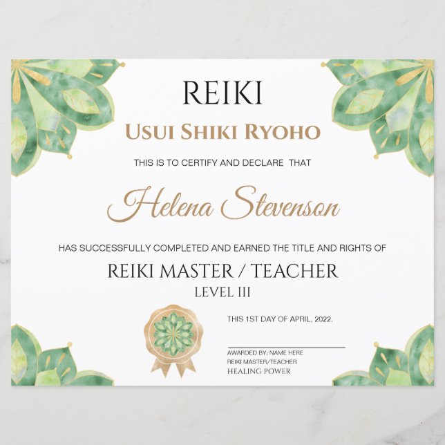 Certificado de conclusão de Yoga em Reiki (Frente)