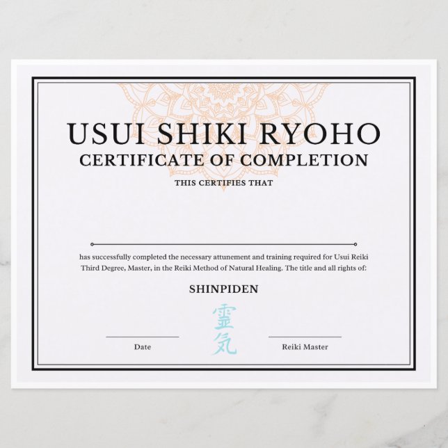 Certificado de conclusão principal de REiki (SHINP (Frente)