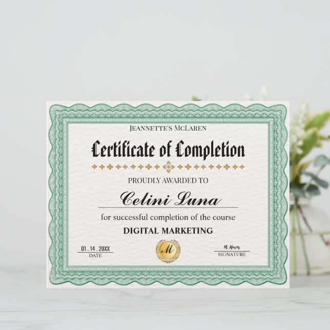 Certificado de Conclusão Verde Elegante - Moderno (Em pé/Frente)