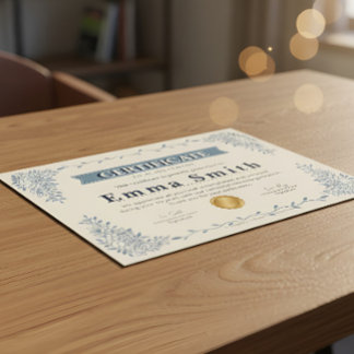 Certificado de Conquista Floral Azul Elegante Des