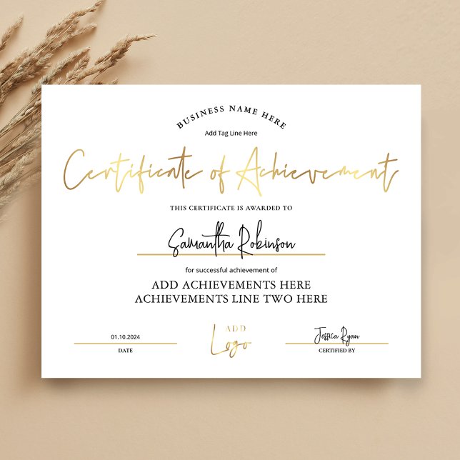 Certificado de Conquista Lux Dourado Prêmio de Fun (Elegant white and gold Certificate of Achievement with space for your logo)