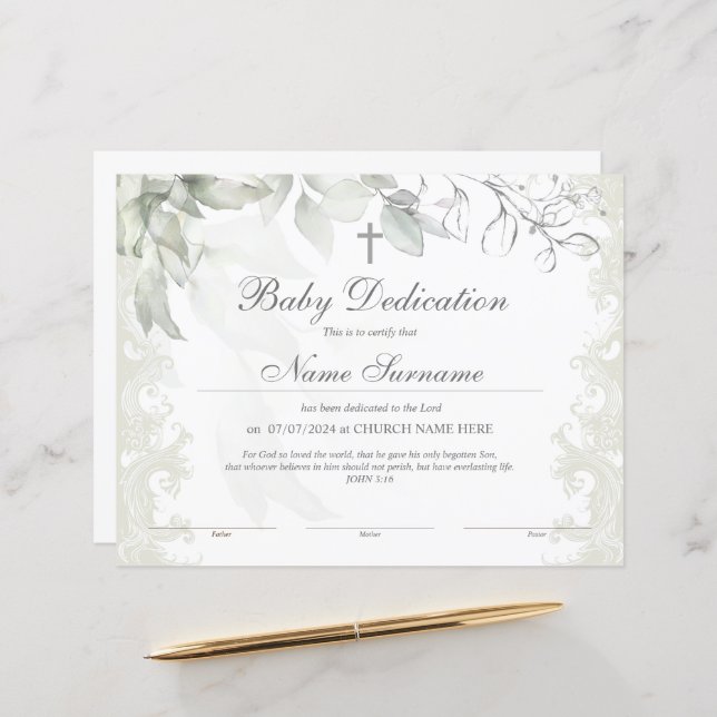 Certificado de Dedicação de Bebê Verde, Batismo (Frente/Verso In Situ)