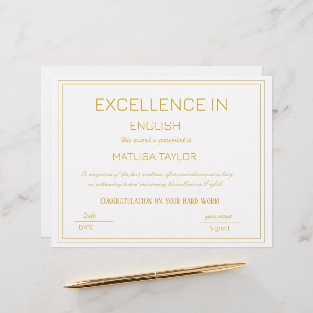 Certificado de excelência em inglês (Frente/Verso In Situ)