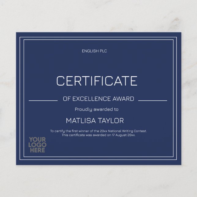 Certificado de excelência Marinho Prêmio Adicionar (Frente)