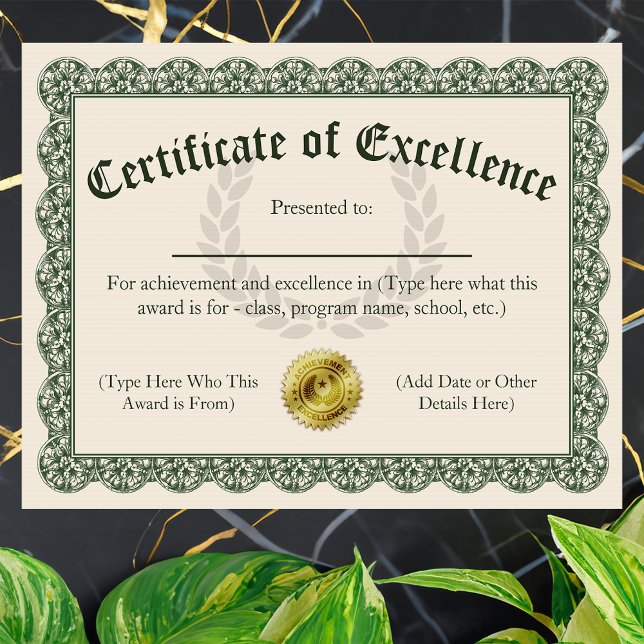 Certificado de excelência, personalizável 8,5x11 (customizable certificate of excellence)
