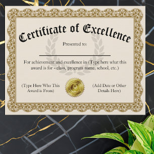 Certificado de excelência personalizável Dourado