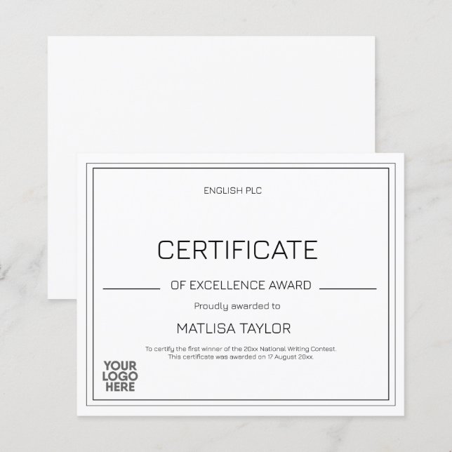 Certificado de Excelência Prêmio Logotipo Preto e  (Frente/Verso)