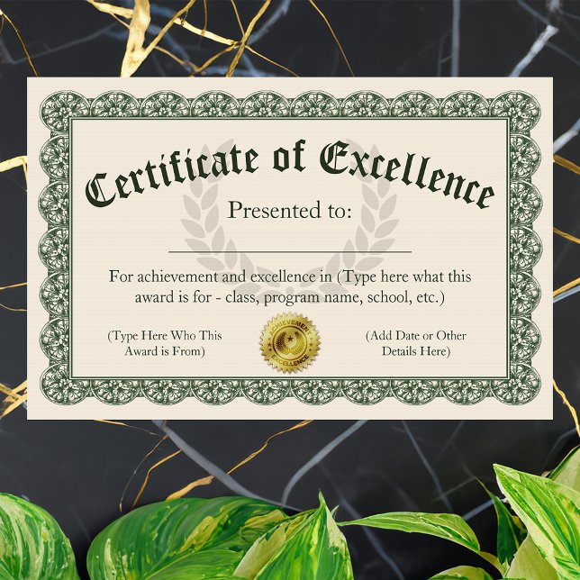 Certificado de Excelência, Prêmio personalizável (customizable certificate of excellence)