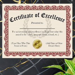 Certificado de Excelência Vermelho Personalizável 