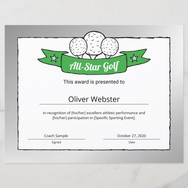 Certificado de Golf de Jogador de Golfe All-Star (Frente)