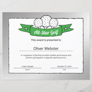 Certificado de Golf de Prêmio de Jogador Golf All