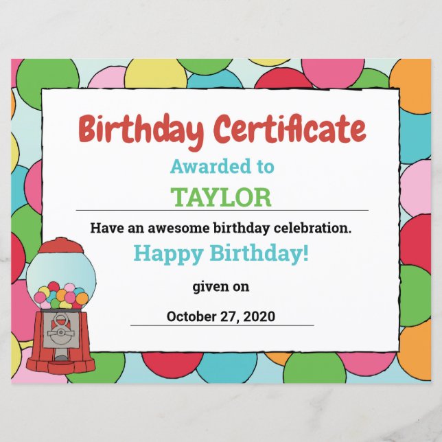 Certificado de Gumball do Partido do Tema Birthday (Frente)