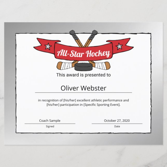 Certificado de Hockey com Jogador de Hóquei em Tod (Frente)