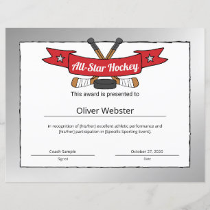 Certificado de Hockey com Jogador de Hóquei em Tod