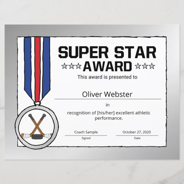 Certificado de Hóquei em Prêmio do Super Star Hock (Frente)