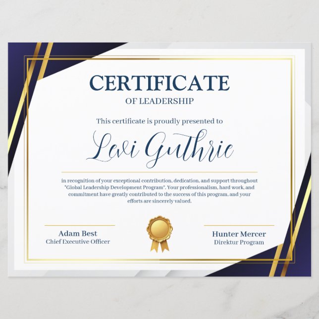 Certificado de Liderança Moderna Azul-Marinho e Do (Frente)