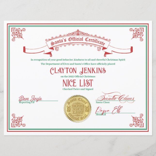 Certificado de Lista Nice de Papais noeis 2022 (Frente)