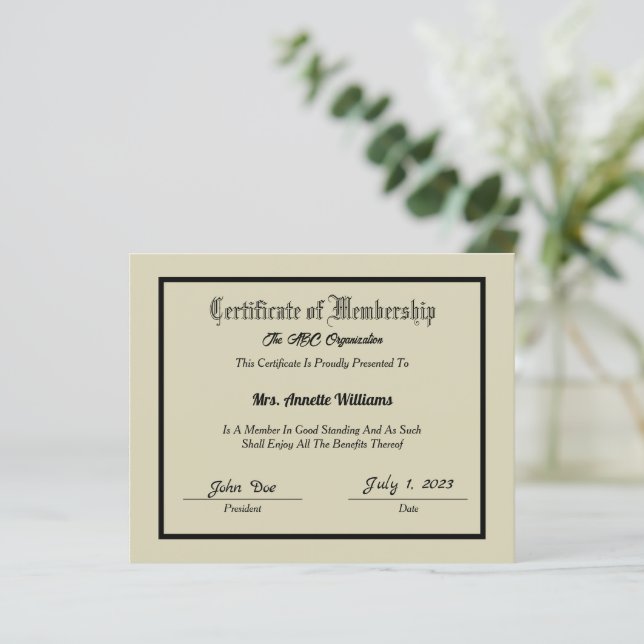 Certificado de Membro (Em pé/Frente)