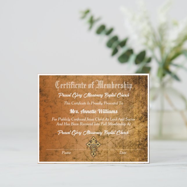 Certificado de Membros da Igreja (Em pé/Frente)