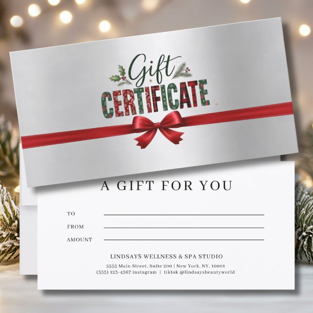Certificado de Negócios com Arco de Natal Festivo  (Festive Christmas Bow Script Silver Business Certificate)