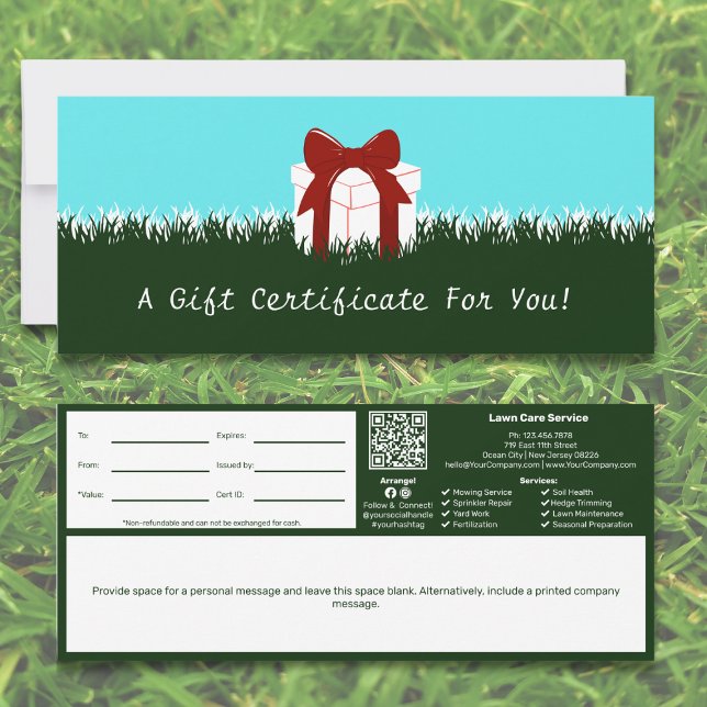 Certificado de Oferta de Nota Pessoal do Serviço d (Lawn Care Service Personal Note Gift Certificate, Green & White)