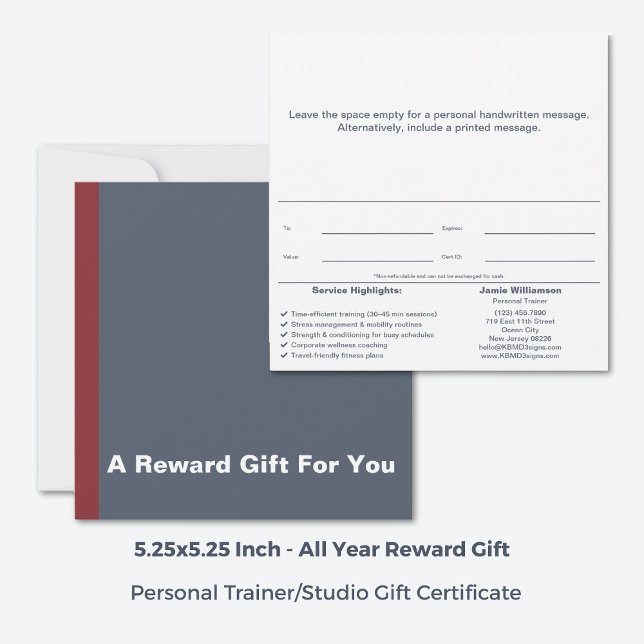 Certificado de oferta de recompensa para treinador (Square 5.25x5.25 Inch, Corporate Personal Trainer Reward Gift Certificate, Grey, White & Red Accent)