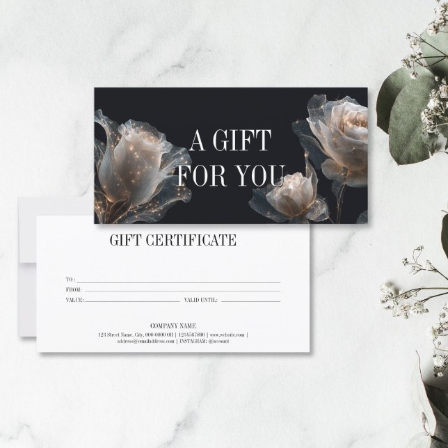 Certificado de Oferta Profissional Moderna Elegant (elegant glitter white rose on the black background, gift certificate)