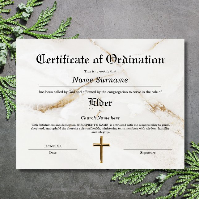 Certificado de Ordenação da Igreja Elder (white marble with gold cross, elegant classic design)