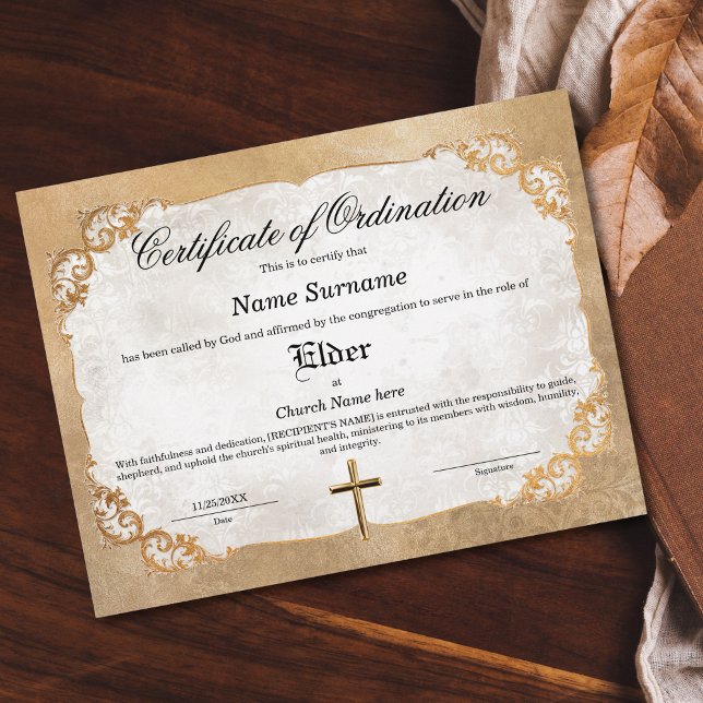 Certificado de Ordenação da Igreja Elder (golden floral frame vintage feel elder church certificate)