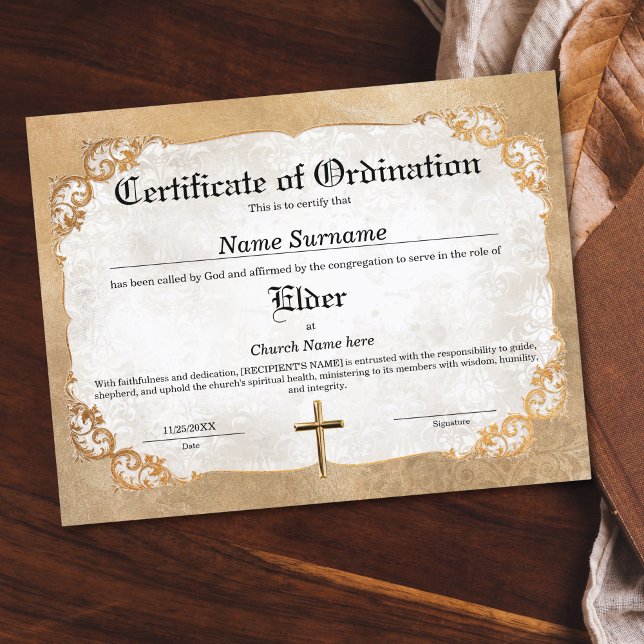 Certificado de Ordenação da Igreja Elder (CERTIFICATE of ordination with golden frame with swirls)