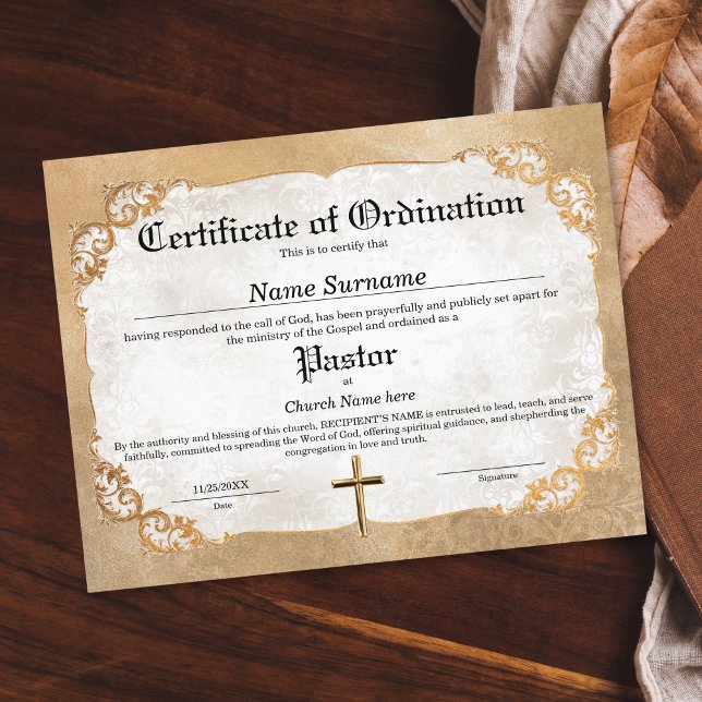 Certificado de Ordenação de Pastor da Igreja (pastor ordination certificate with golden frame with swirls)