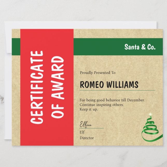 Certificado de Prêmio de Natal Red Green Santa & C (Frente)
