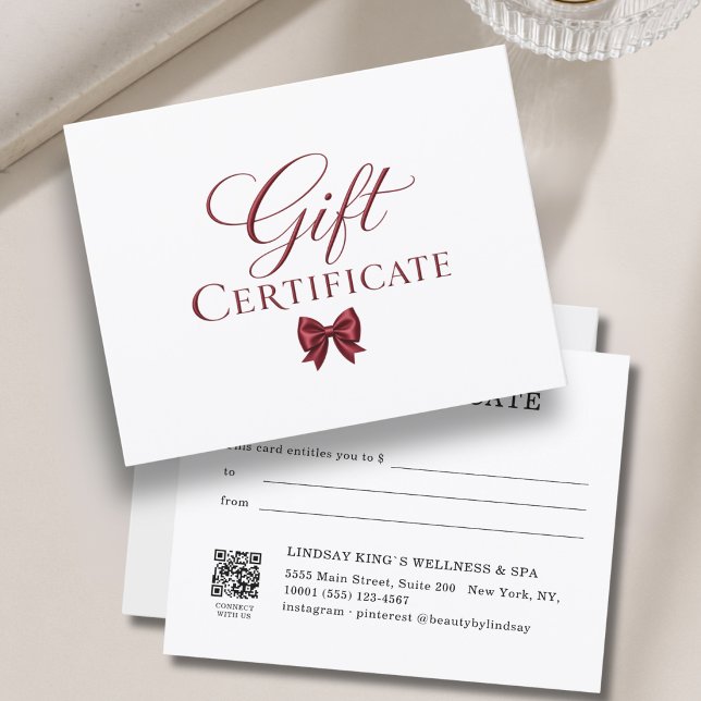 Certificado de Presente Arco Elegante Branco Verme (Elegant  Bow White Red Gift Certificate)