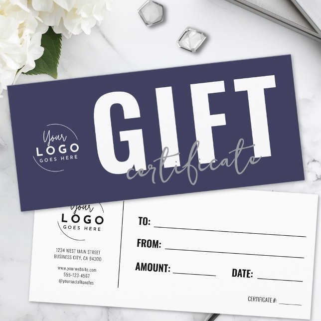 Certificado de Presente Azul Marinho com Logotipo (Logo Navy Blue Business Gift Certificate)