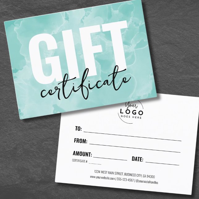 Certificado de Presente Azul Turquesa para Negócio (Watercolor Your Logo Business Gift Certificate)
