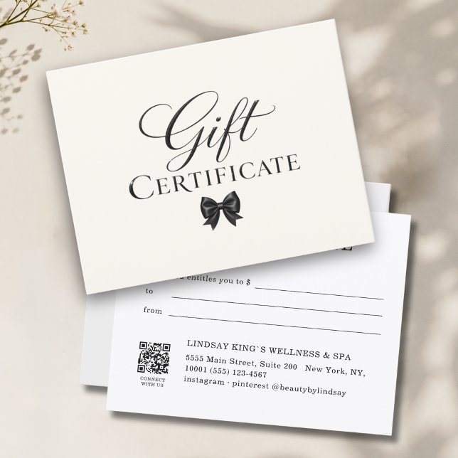 Certificado de Presente Bege Preto Elegante com La (Elegant Bow Beige Black Gift Certificate)