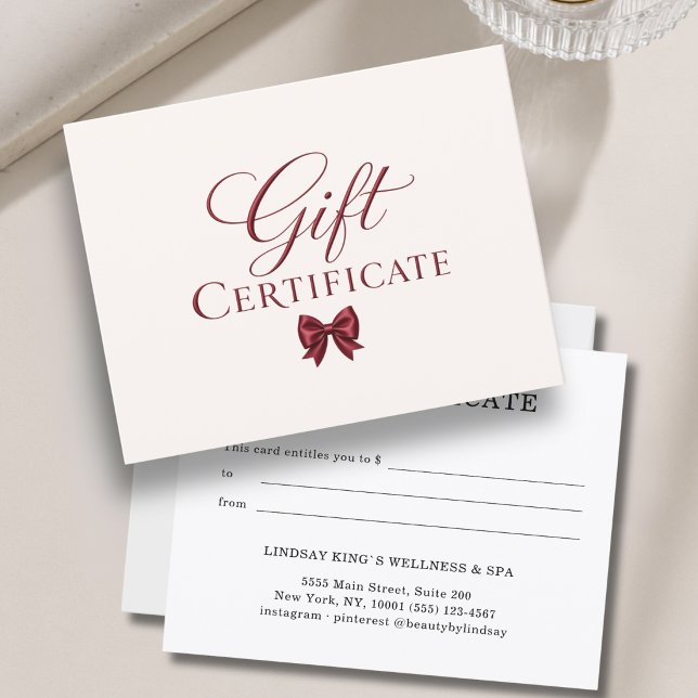 Certificado de Presente Bege Vermelho com Laço Ele (Elegant Bow Beige Red Gift Certificate)