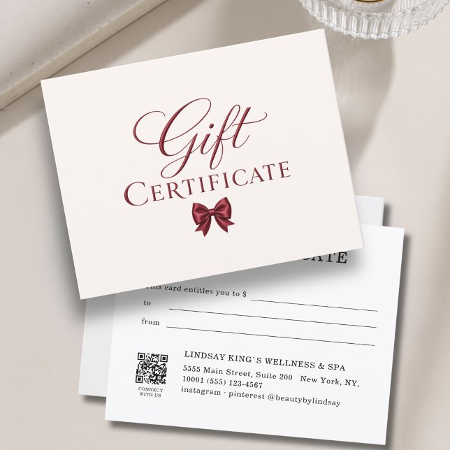 Certificado de Presente Bege Vermelho com Laço Ele (Elegant  Bow White Red Gift Certificate)