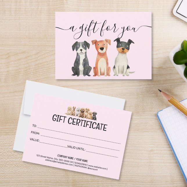Certificado de Presente Cão de Alinhamento Pet Sit (cute watercolor dogs puppies on the blush pink background, gift certificate for groomers pet sitting)