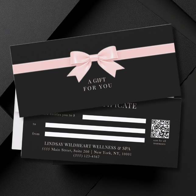 Certificado de Presente Código QR Arco Preto Elega (Elegant Black Light Pink Beige Bow QR Code Gift Certificate)