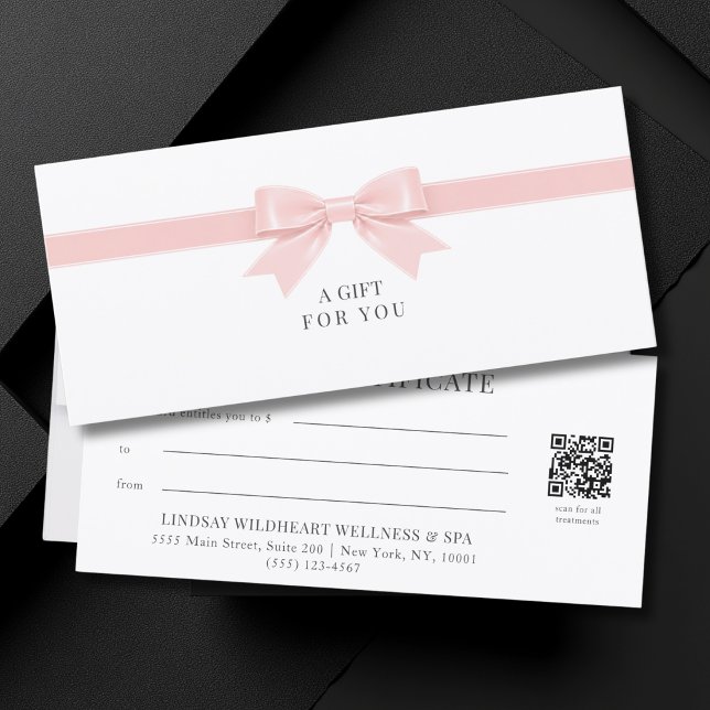 Certificado de Presente Código QR com Laço Branco  (Elegant White Light Pink Bow QR Code Gift Certificate)