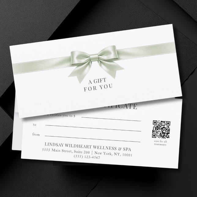Certificado de Presente Código QR com Laço Branco  (Elegant White Light Green Bow QR Code Gift Certificate)